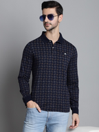 Summer Navy Graph Check Full Sleeved T-neck Regular Fit T-shirt